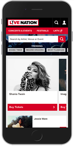 Image of the Live Nation Website embedded on a mobile phone