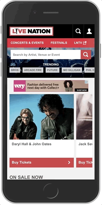 Image of the Live nation website scrolling, images are loading on demand